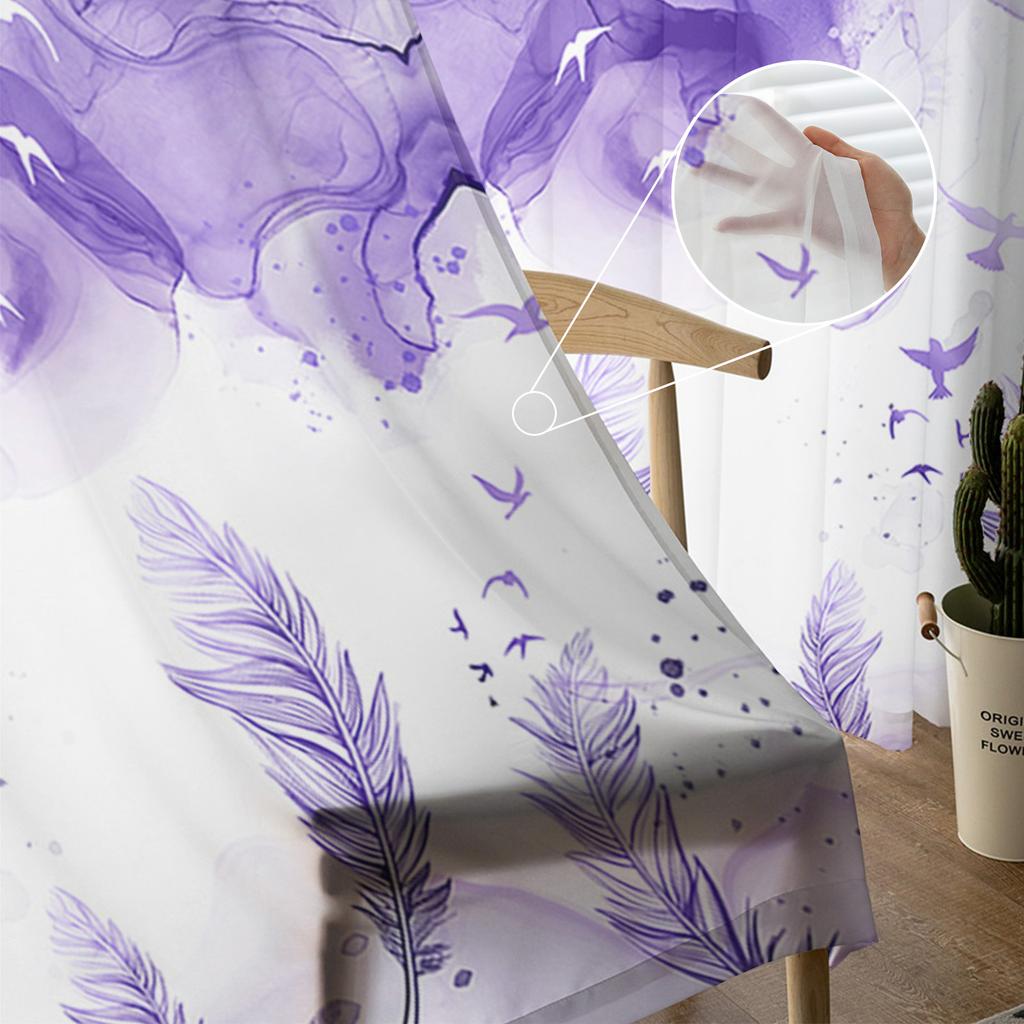 Cortinas transparentes de aquarela de penas roxas para decoração de sala de estar Cortinas de janela para cozinha Cortinas de tule voile de organza