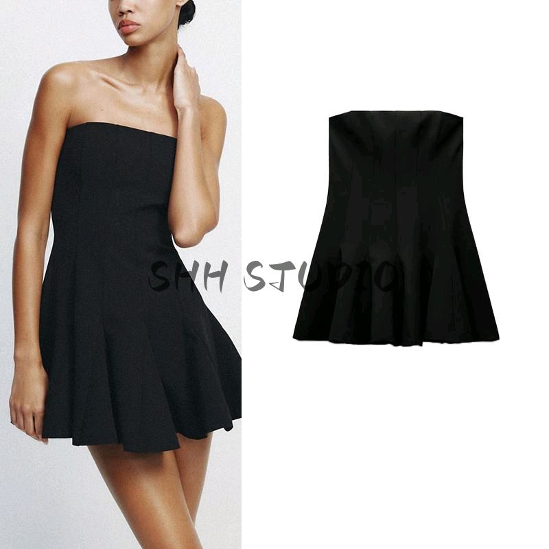 Spring New French Style off-the-Shoulder Tube Top Dress Black Dress Wavy Style Wide Hem Short Dress 2160777