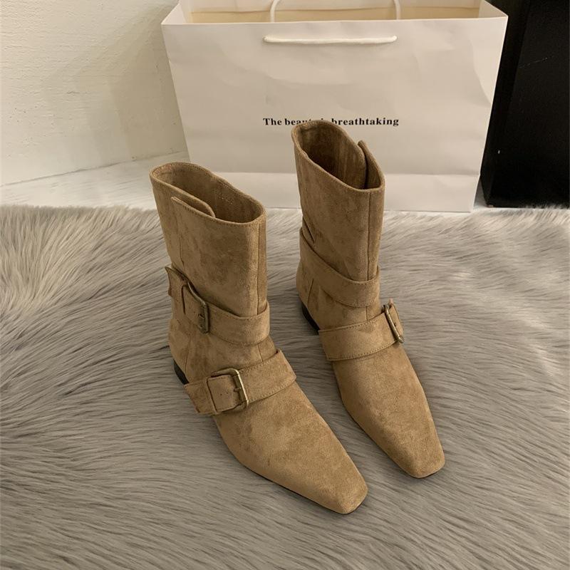 2025 Korean version of the new niche design retro French short boots small square head western boots casual medium boots women's boots