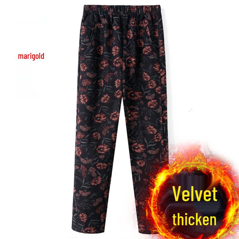 Women's Fleece-Lined Pants, Loose Straight Leg for Middle-Aged/Elderly, Patterned Plus Size, Mom's Style, Fit for All Seasons (Spring, Autumn, Winter)