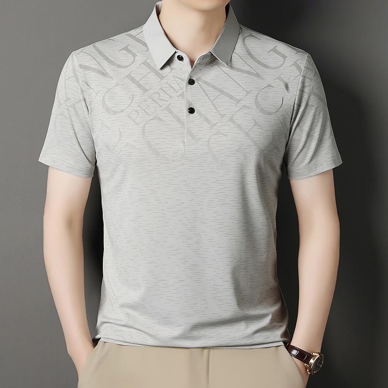 

Summer Middle Age Men Short Sleeve T Shirt Casual Breathable Print Letter Polo Shirt 4XL светло-серый