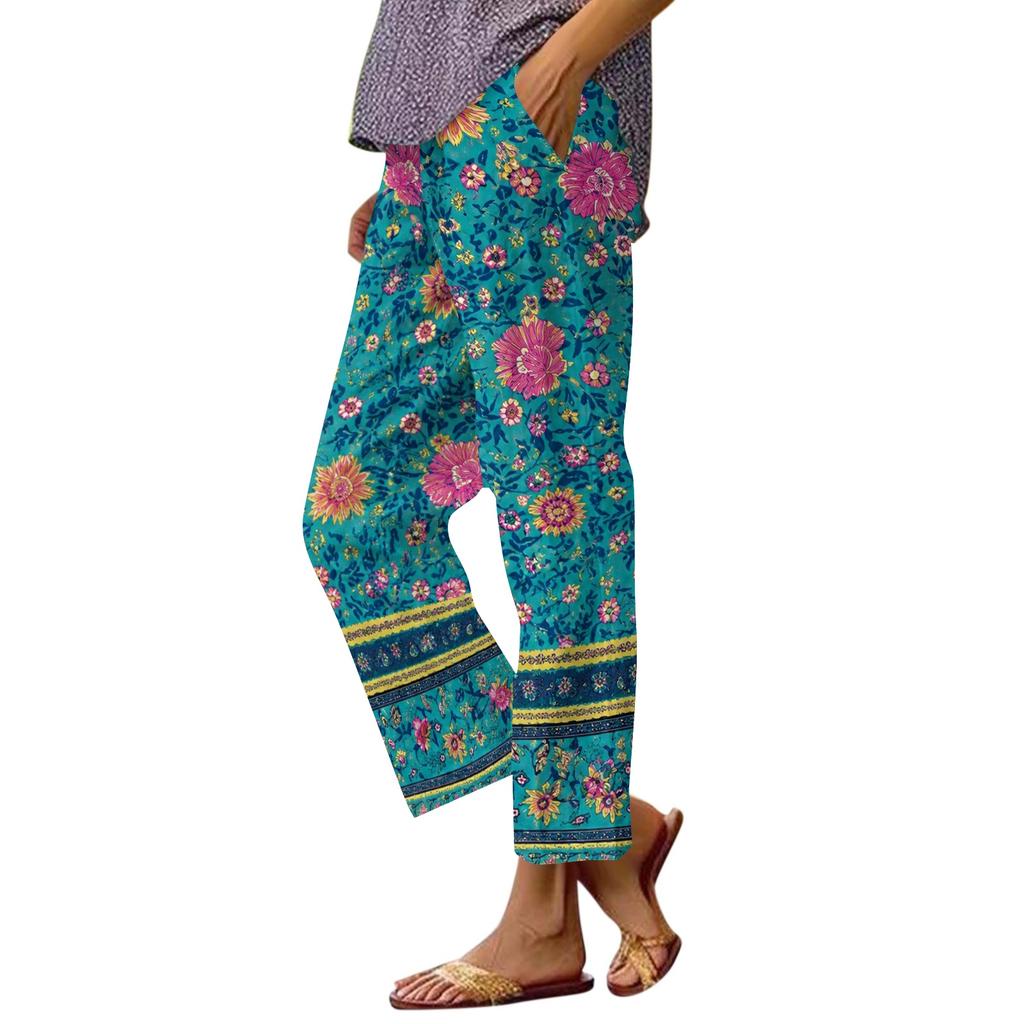 Women Capri Pants Casual Tropical Floral Print Elastic High Waist Drawstring Loose Fit Summer Beach Cropped Trousers