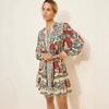 European and American popular retro ethnic flower print dress women's lace edge belt waist lantern sleeve short skirt
