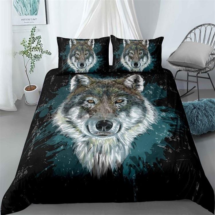 Wolf Howl Under The Moon Three-Piece 3D Digital Printing Quilt Cover Pillowcase Bedding