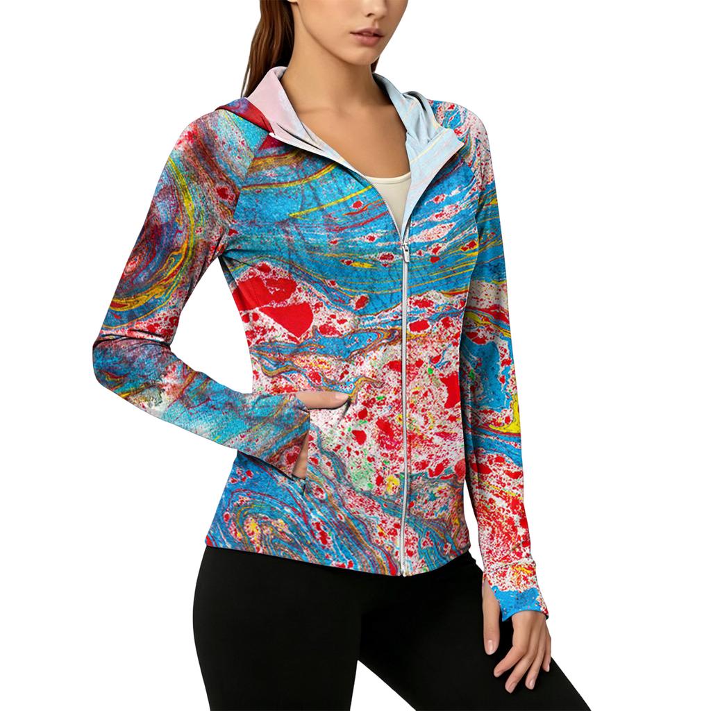Damenmode Reißverschluss Kapuzenjacke Langarm mit Krawatten-Print & Taschen