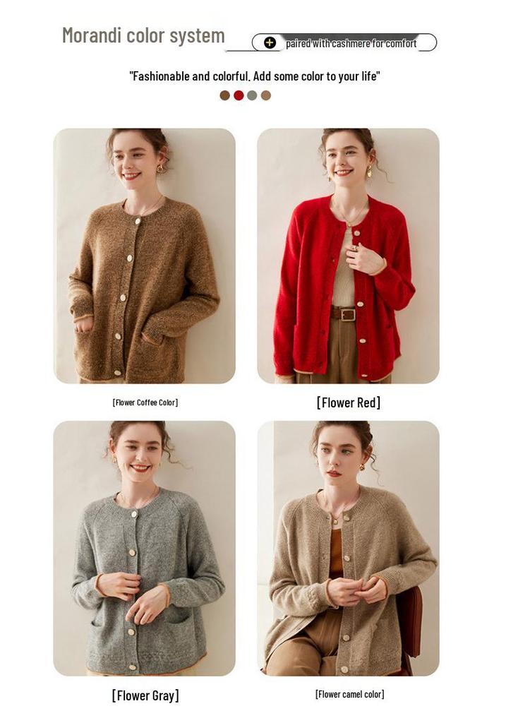 Women's Thickened Cashmere Cardigan - Autumn/Winter, Long Sleeve, Round Neck, Loose Fit, Single-Breasted Knitwear.