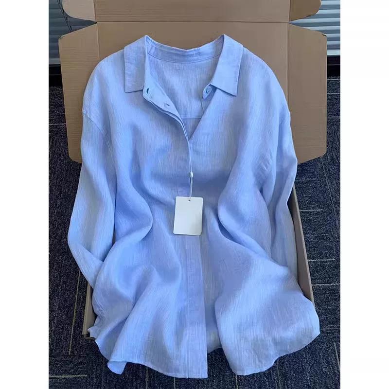 Blue linen shirt jacket women's summer thin old money wind cotton and linen shirt loose casual sunscreen top
