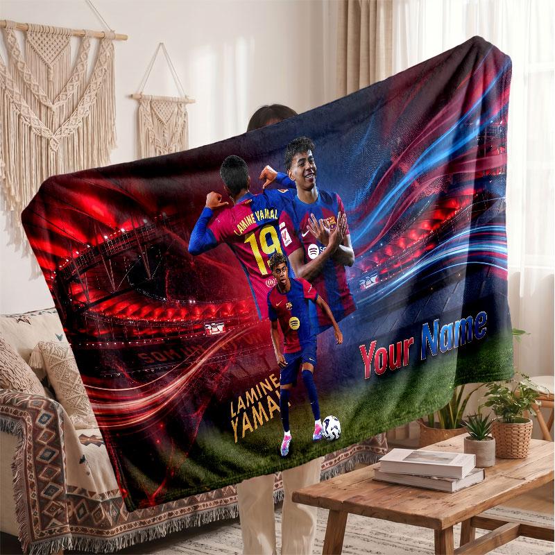 Coperta in pile personalizzata Lamine Yamal con logo del calcio, testo con nome personalizzato, morbida, calda, coperta da divano per la casa