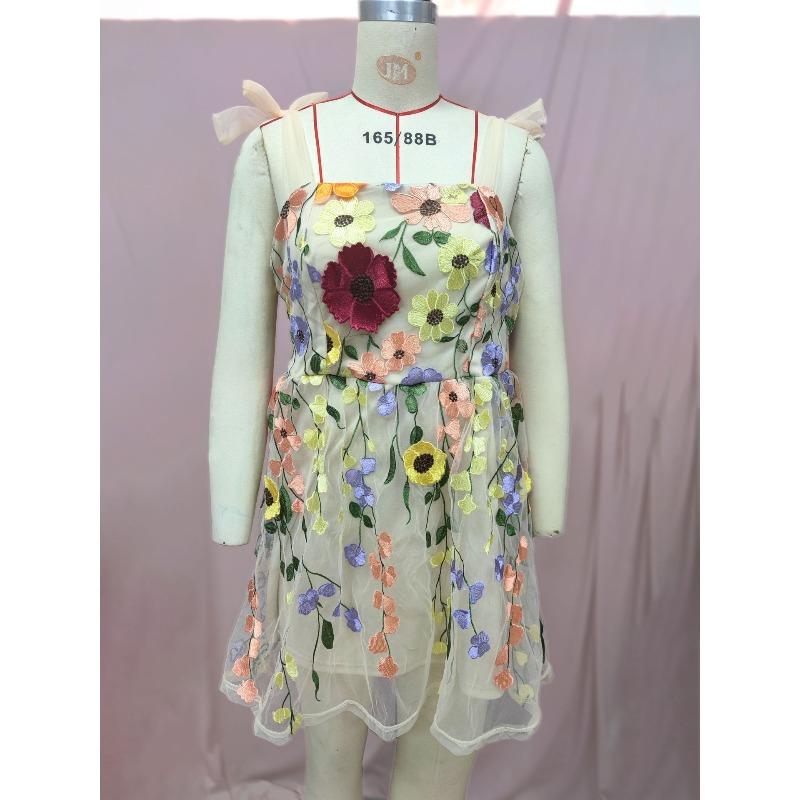 

Women s Fashion Threedimensional Flower Embroidery Hip Wrap Sexy Suspender Dress XXXL абрикосовий