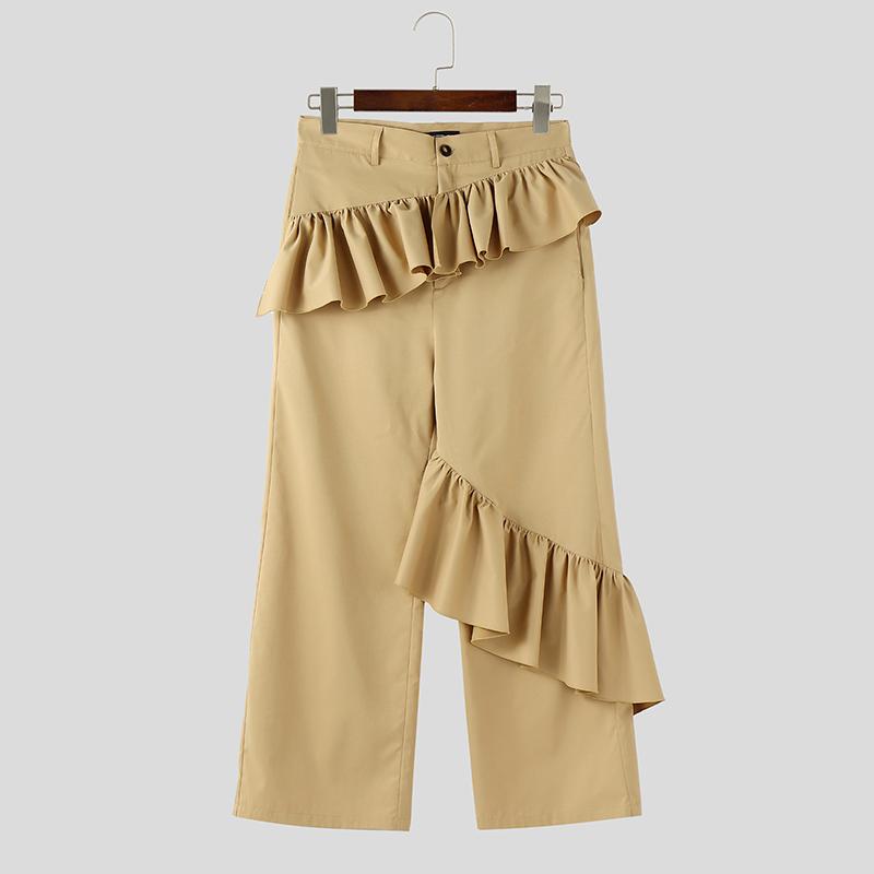 

INCERUN Мужские брюки на молнии с оборками, повседневные, длинные, прямые 5XL хаки