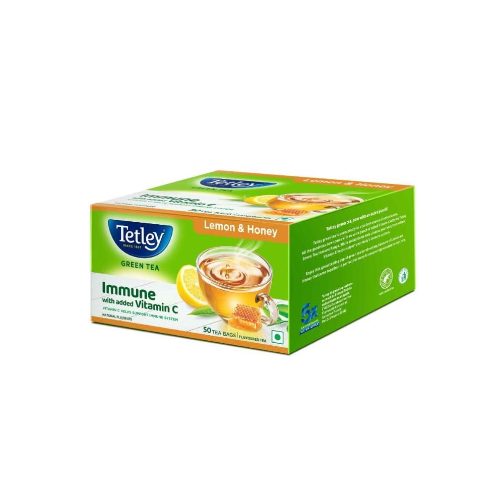 Tetley Lemon & Honey Green Tea Immune with Vitamin C 50 Tea Bags 1.4g Each, Antioxidant-Rich Refreshing Brew