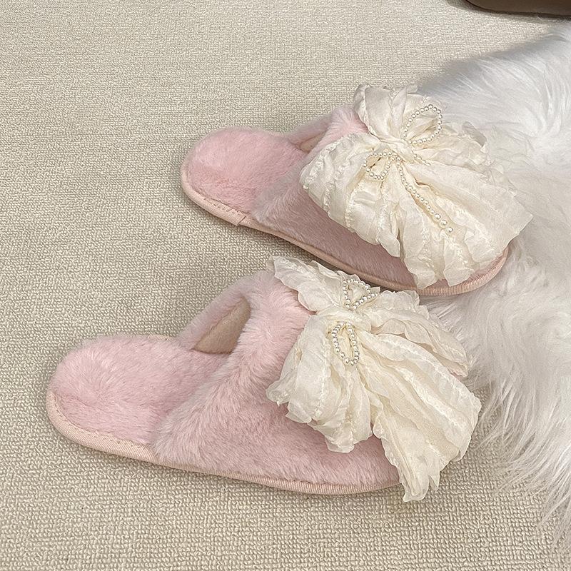 Thick-bottomed Bow Slippers for Women's Wear New Fashionable Pearl Versatile Casual Sandals Soft-bottomed Comfortable One-word Slippers