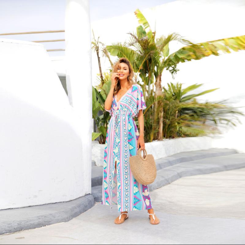 Bikini Cover-ups  Bohemian Printed Kimono Green Tunic Women Plus Size Beachwear Deep V-neck Front Open Maxi Dress Swim Suit Cover Up