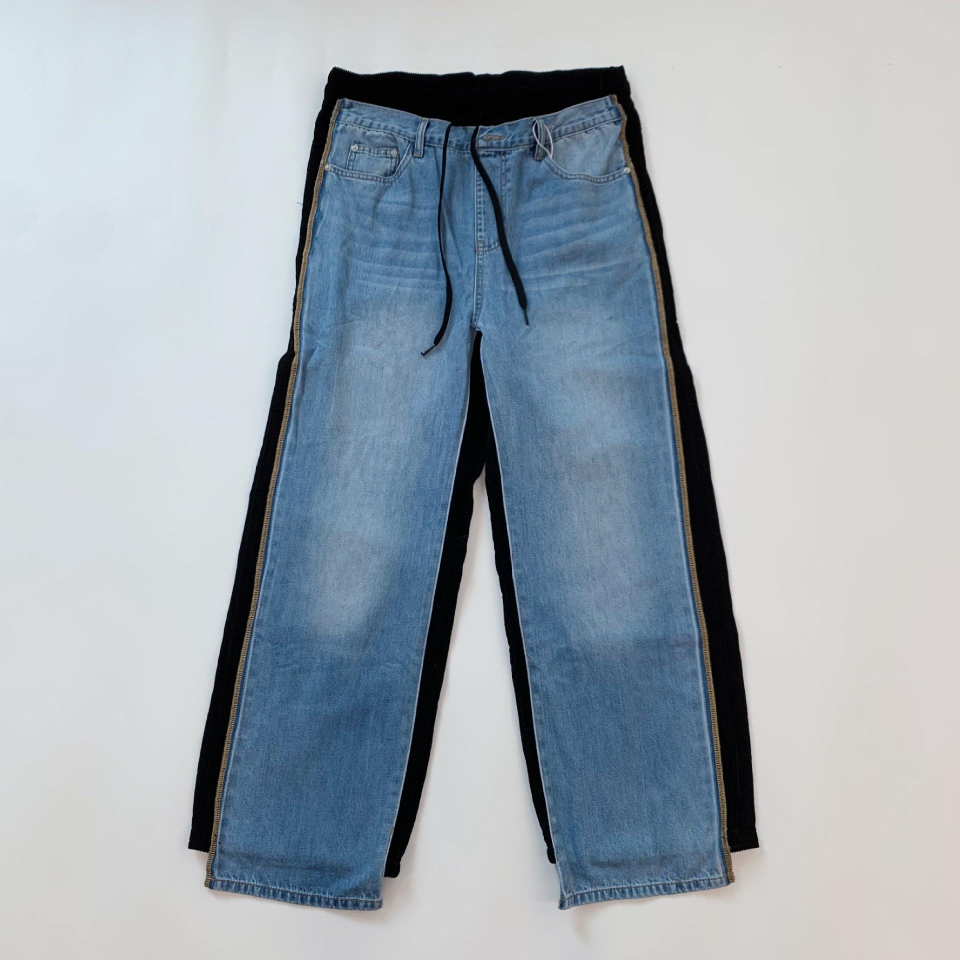 

Korean Style Corduroy Patchwork Double Waistband Straight Leg Jeans