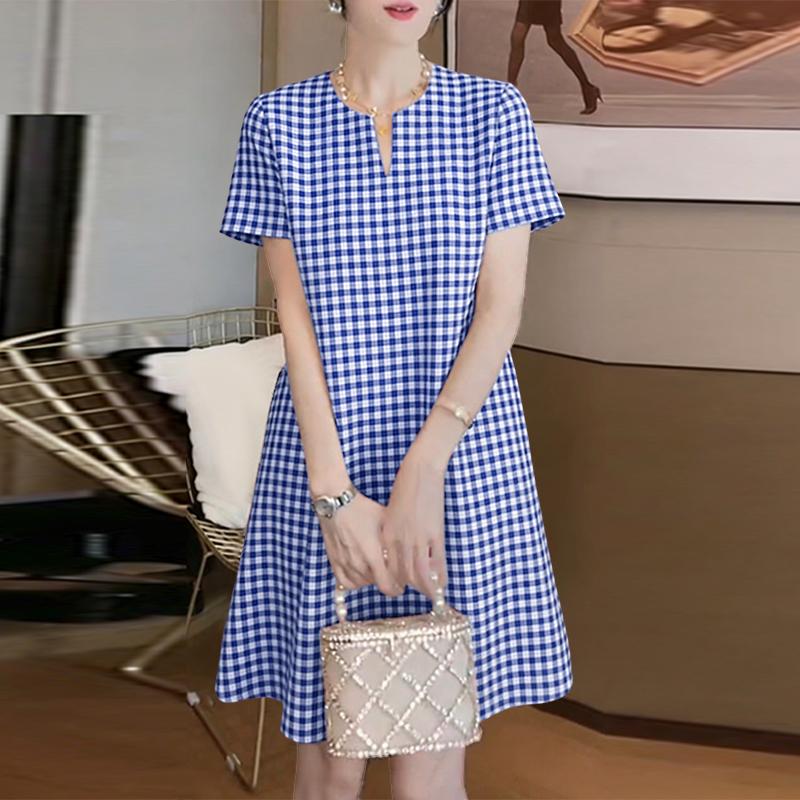 ZANZEA Women Casual V-neck Summer Grid Print Short Sleeve Dress S синий
