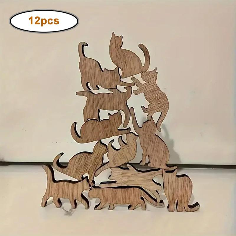 

12pcs Different Shapes Cat Wooden Crafts, Stackable Cat Ornament DIY Crafts Graffiti Pet Themed Birthday and Holiday Party