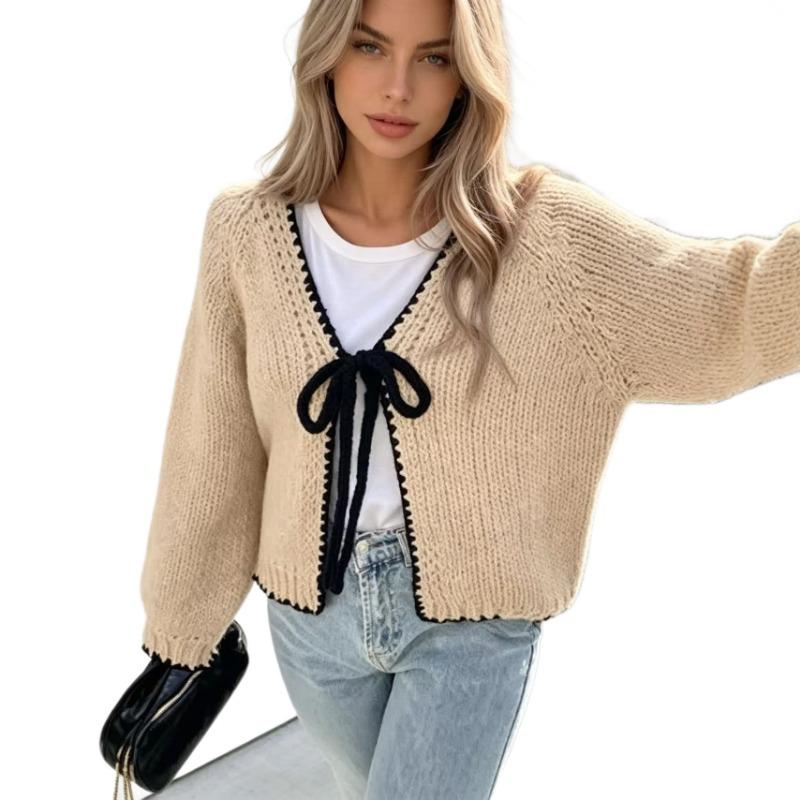 Women S V Neck Tie Front Loose Long Sleeve Knit Cardigan Sweater