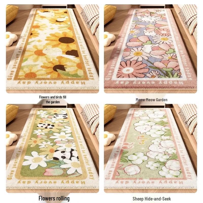 Ins Fresh Bedroom Rug: Cute Flower Design, Cool & Dirt-Resistant, Thick Non-Slip Foot Mat for Bedside or Coffee Table.