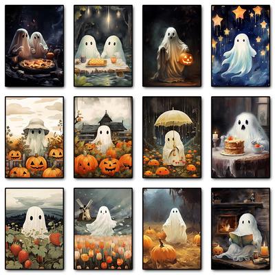 Weißer Geist Kawaii Halloween Kürbis Wandkunst Leinwandmalerei Weißer Geist Leben Poster Drucke Wandbild für Zimmer Heimdekor