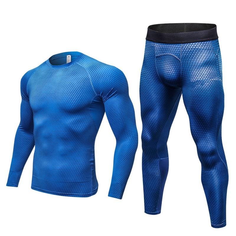 Mens Quick-Dry Compression Gym Set Long Sleeve Top Full-Length Pants Fitness Running Training