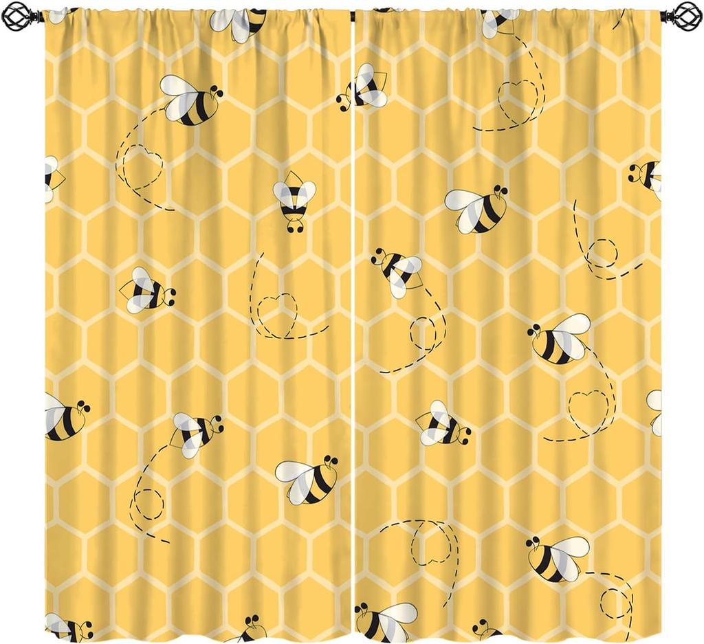 Rustic Honey Bee Curtains Honeycomb Daisy Floral Window Treatments Insulated Drapes Panel Sets Curtain With Rod Pocket Thermal Polyester