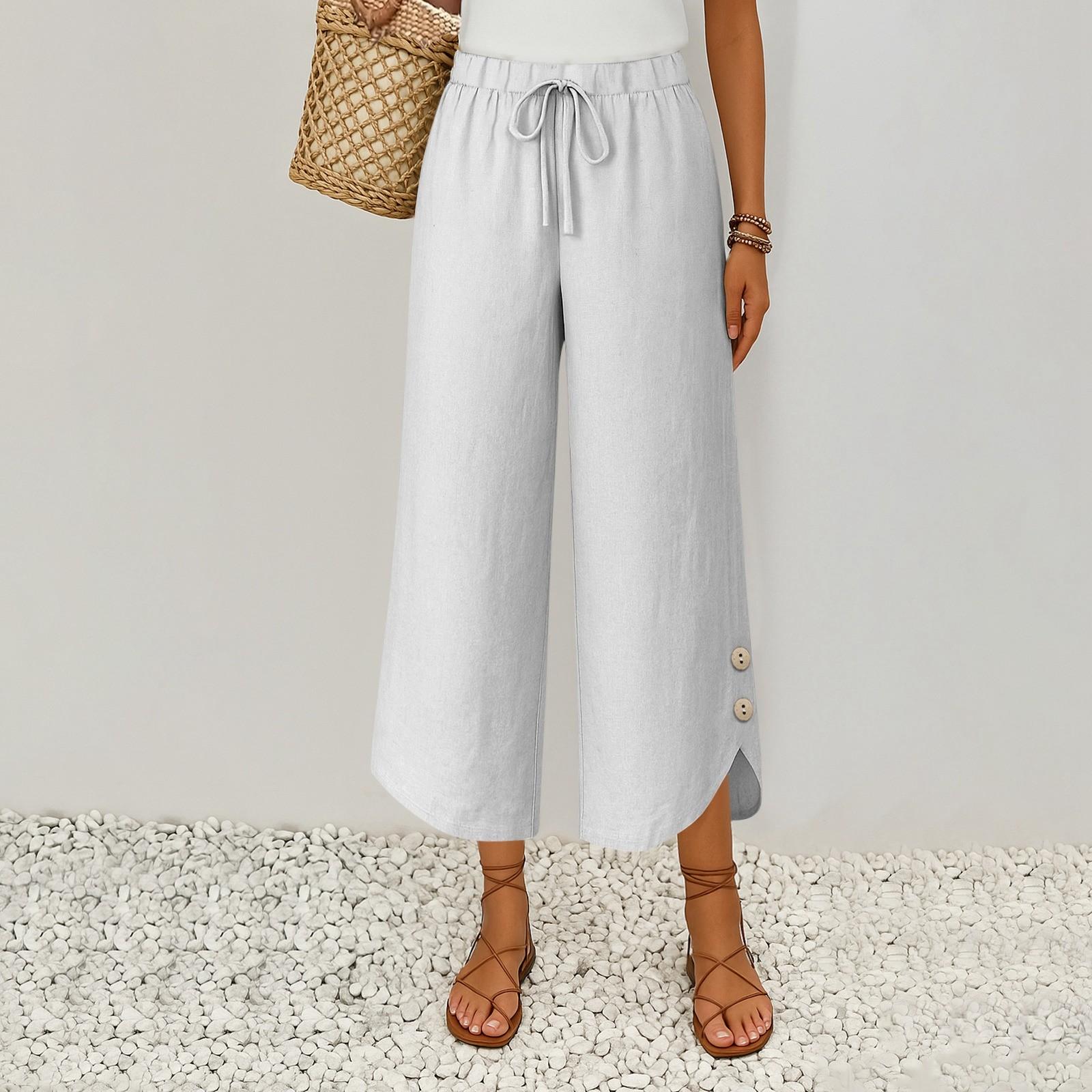 

Женские модные однотонные повседневные брюки из хлопка и льна с эластичной резинкой на талии и карманами Nine Point S белый