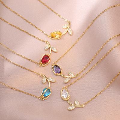 Female Crystal Zircon Red Purple Blue White Zircon Stone Flower Pendant Necklace Vintage Gold Color Wedding Jewelry For Women