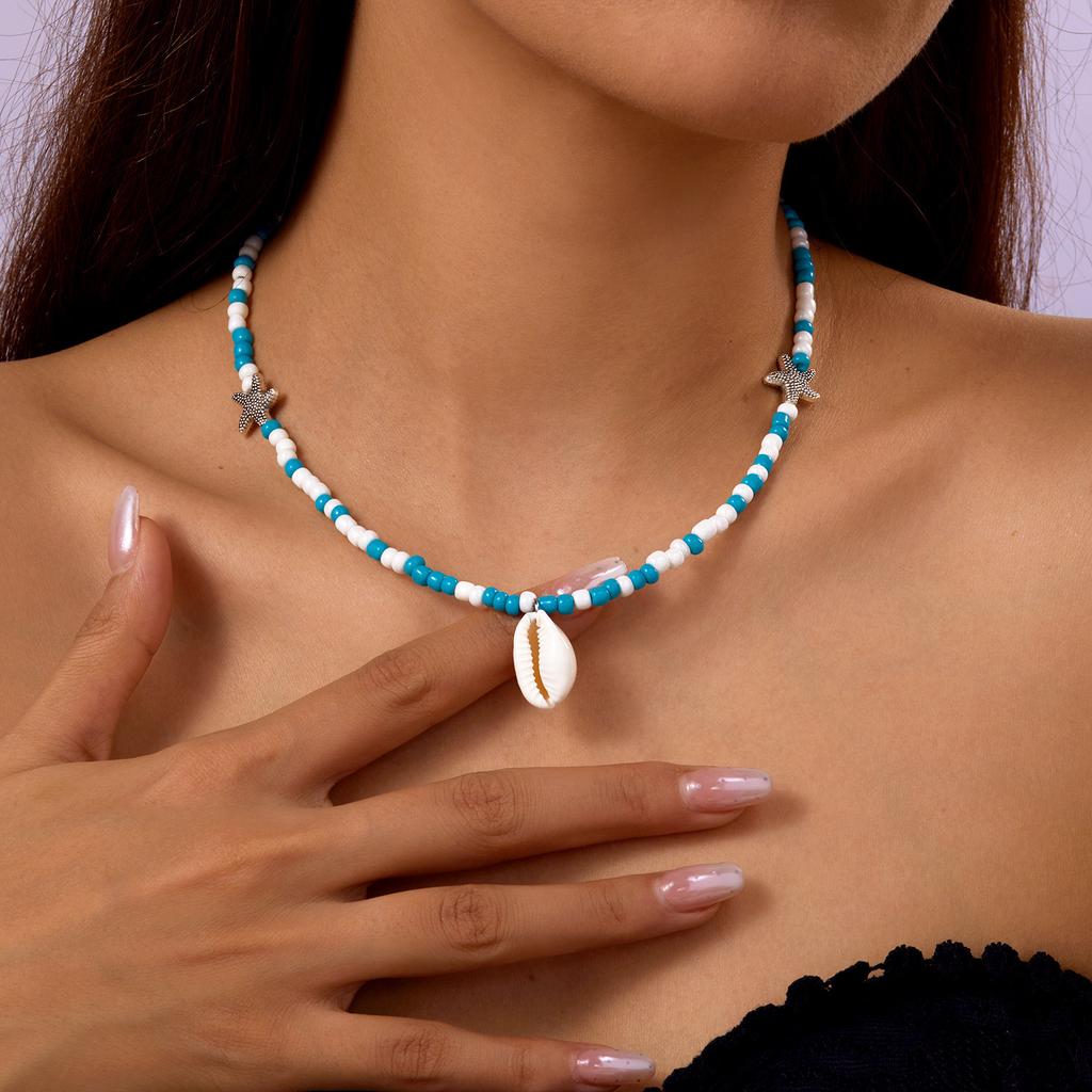 Beach Themed Colorful Shell Pendant Necklace for Women Pearl Star Crossbody Layered Collarbone Chain Jewelry Accessory