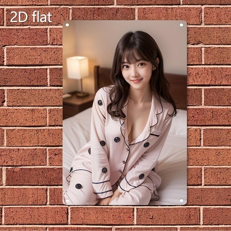 Retro Metal Wall Art, K-Drama Style Pink Polka Dot Lady Poster with Iron Frame for Home Cafe Decor