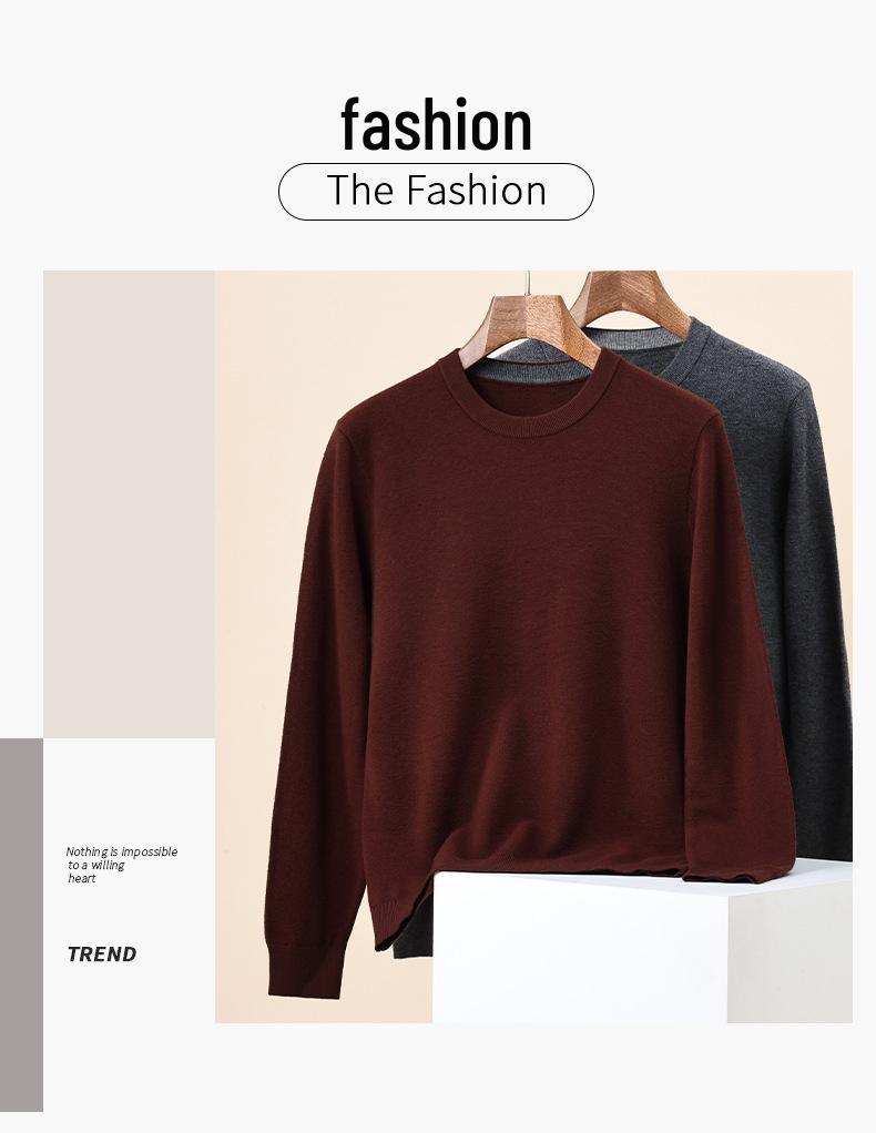 Men's 100% Pure Wool Solid Color Round Neck Sweater - 2025 Autumn/Winter Collection, High-End Base Layer