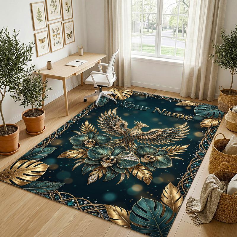 Dragon Phoenix Theme Crystal Velvet Rug Personalized Custom Name Text Soft Floor Mat Home Decor