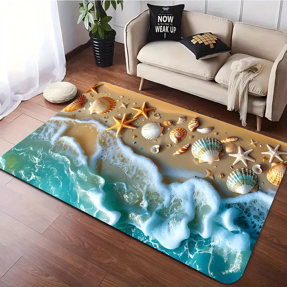 Realistic Seashell & Starfish Printed Carpet Non Slip For Kitchen Living Room Bedroom Cloakroom Lounge Coastal Home Decor