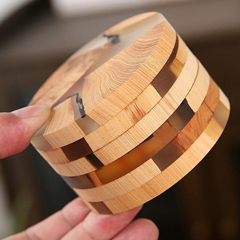 6Pcs Heat Insulation Wooden Resin Cup Pads with Base Traditional Chinese Ink Painting Tea Coaster Set KongFu Tea Accessories