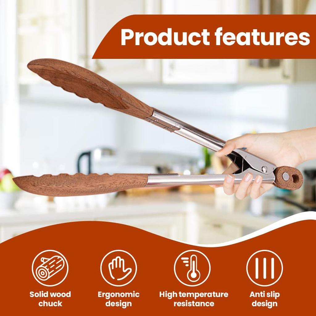 Cooking Wooden Tongs, Stainless Steel Non- Long Handle Wooden Tongs With Hanging Hole, Home Creative Cooking Tongs For Grilling, Serving, Mixing
