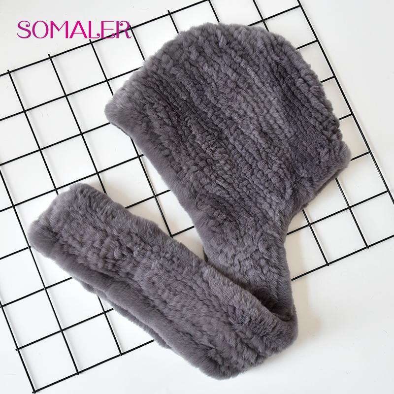 SOMALER Vinter kaninpelshue Skjerf for kvinner Russisk stil strikket pelsbeanies og skjerf