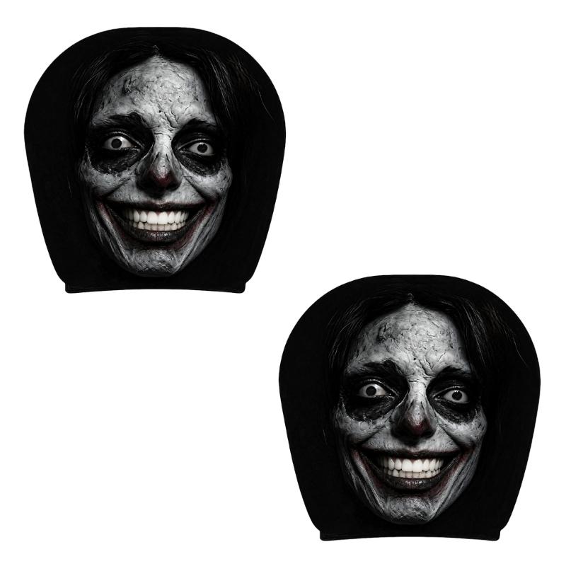 Vehicle Headrest Cover Set with Dark Print Halloween Theme, 2 Piece Polyester Pull-On Headrest Sleeve for Spooky Seat Styling Use