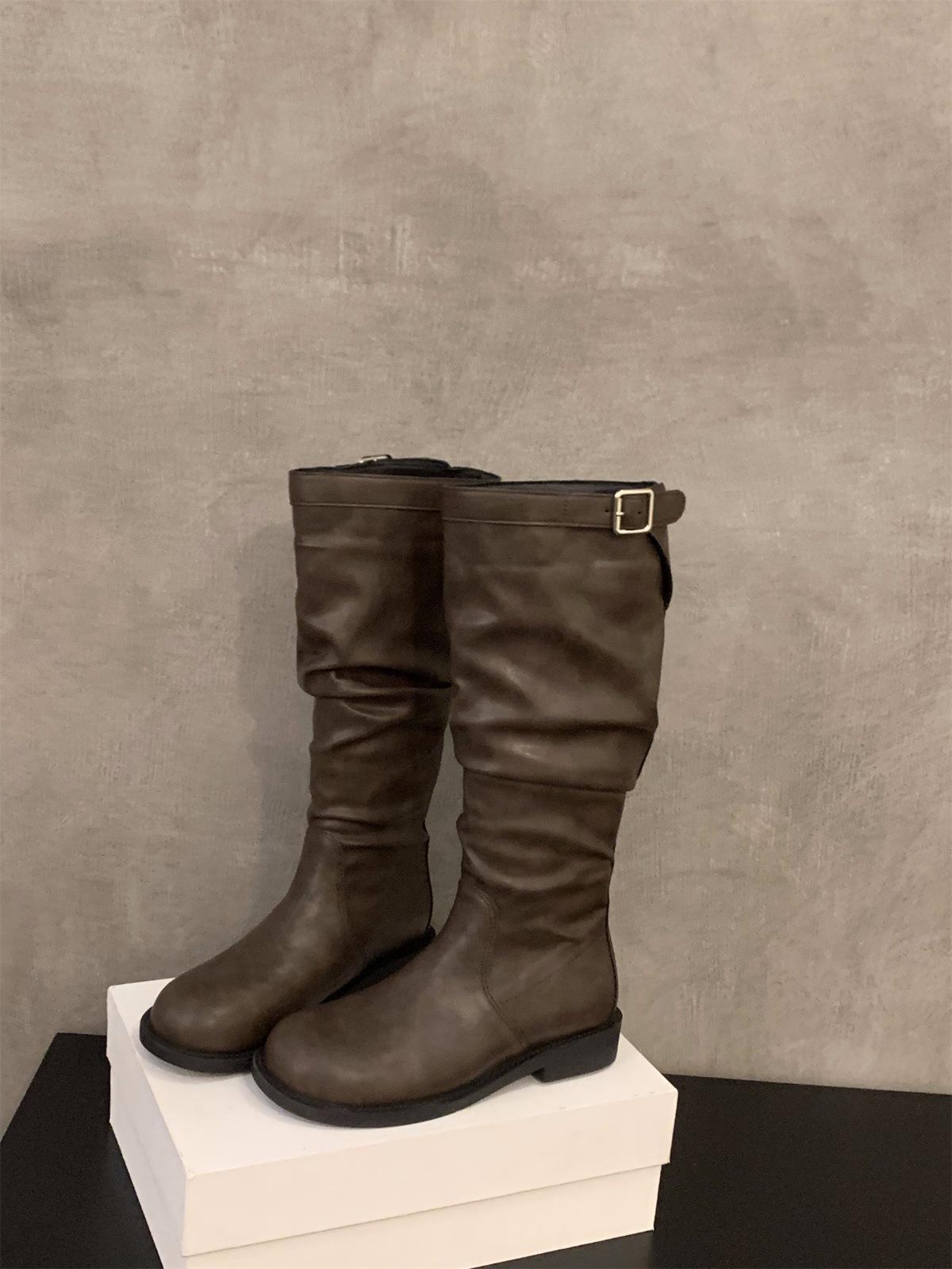 

Грубый каблук хаки штабелированные ботинки длинные сапоги женская обувь 2025 новые весна и осень зима тонкие средние сапоги-трубы рыцарские сапоги 40