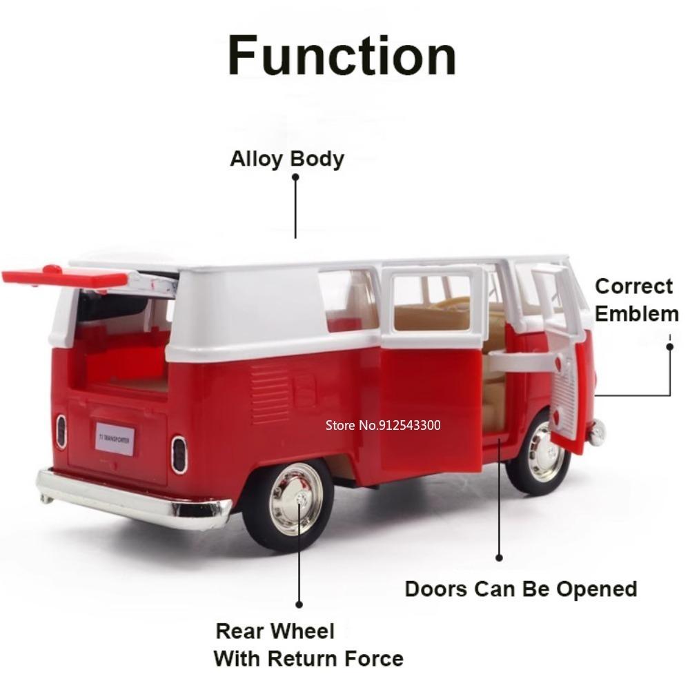 1:36 Volkswagen VW T1 Bus Toy Car Model Alloy Diecast with Pull Back Doors Opened Van Models Best Gifts for Boys Kids Toy