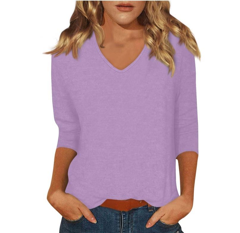 Women's Daily Versatile Casual V-Neck Solid Color Seven-Sleeve T-Shirt Top