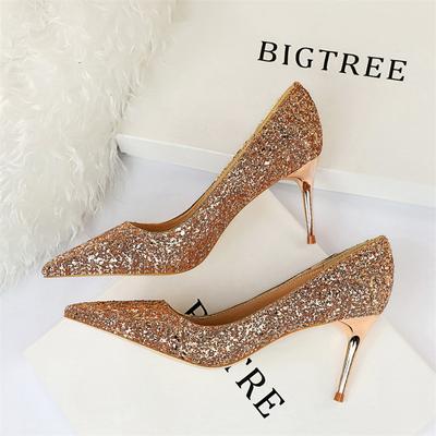 Women Fashion Pointed Toe Thin High Heels Sequins Glitter Luxury Designer Pumps Wedding Bridal Gold Valentine Shoes