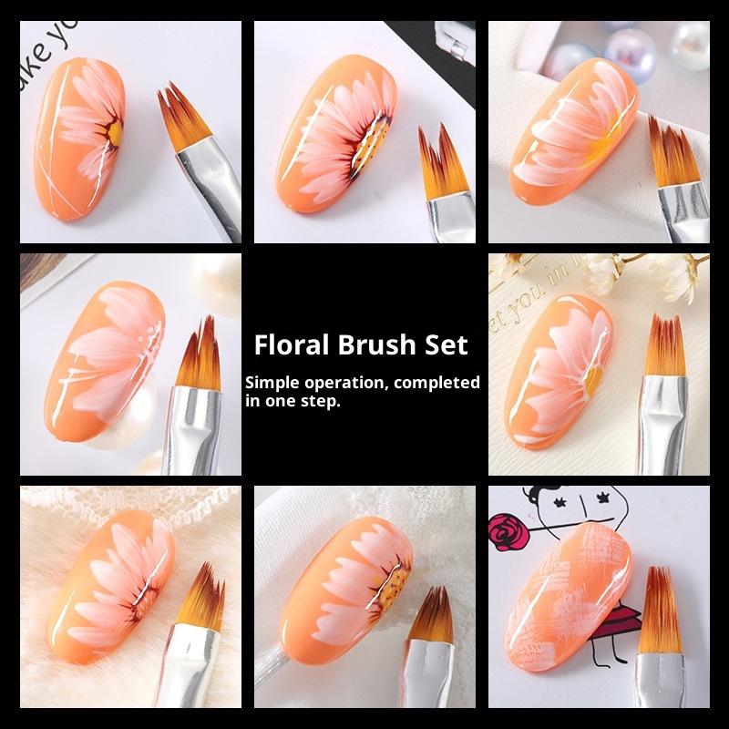 8Pcs Set Oblique Gradient Smudge Nail Flower Drawing Sawtooth Pen Multifunctional Mix Shape Petal Painting Gel Nail Art Brush
