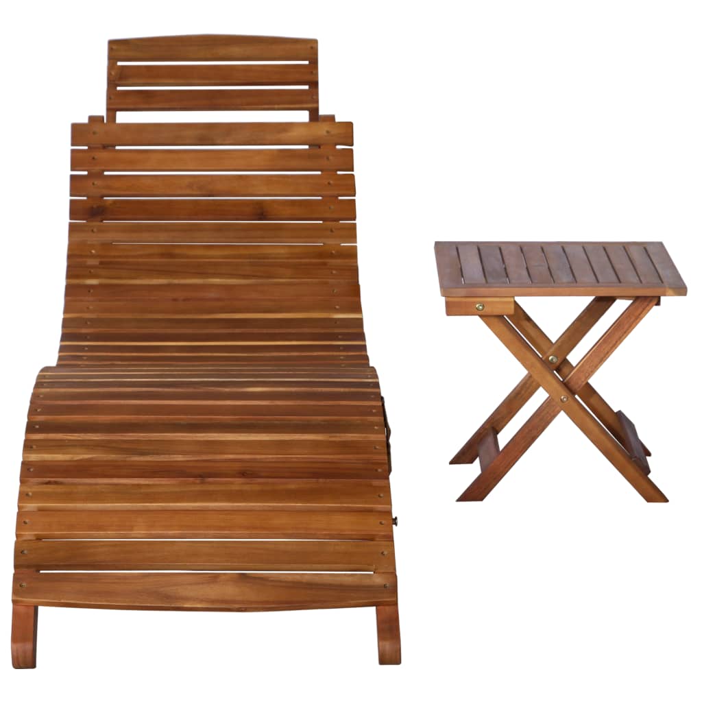 Sun Lounger with Table Solid Acacia Wood Brown