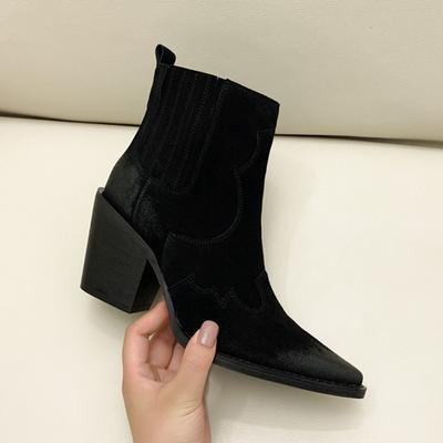 Fashion Leather Boots Women Genuine Pointed Toe Mid Heel Ankle Boots Thick Square Heel Slip On Western Boots Cowboy Boots Women 2025 New