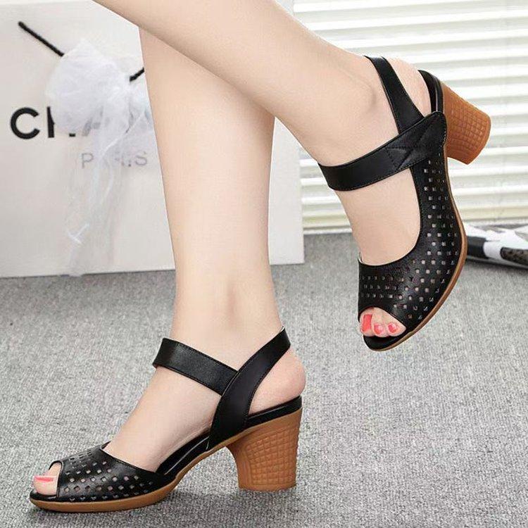 Popular thick high-heeled sandals women's outer wear 2025 new summer Velcro fish mouth sandals casual hollow mother shoes