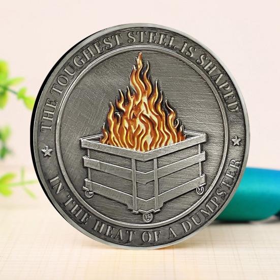 Challenge Coin Dumpster Flame Pattern Retro Silver Color Challenge Medal Unique Office Desk