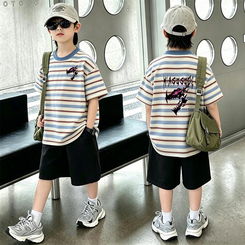 Boys' Korean Style Color Block Striped T-shirt & Casual Shorts Set - Summer New Arrivals for Medium & Large Kids