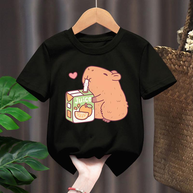Capybara T Shirt for Boys Girls Tee Round Neck Top Black White Clothes Cartoon Short Sleeve Summer Clothing Gift Soft Breathable