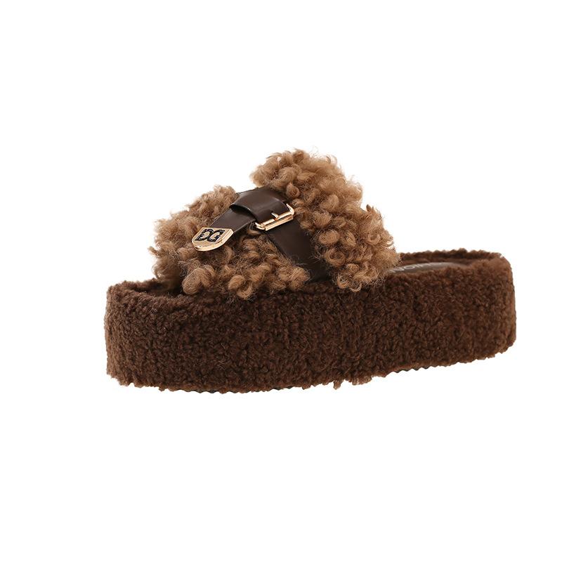 

Шлепанцы на толстой подошве с пряжкой, женские, новые, осень-зима 2025, Xiaoxiangfeng из овечьего кудрявого меха, для улицы, плюшевые шлепанцы 40 коричневый