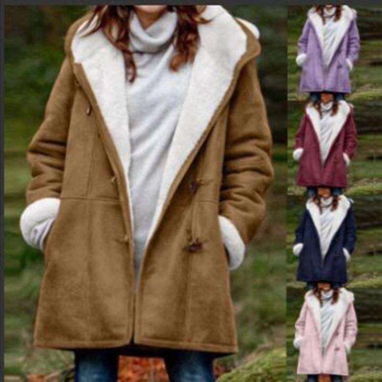 Winter Women's Coat Medium Long Hooded Casual Button Cardigan Warm Solid Color Simple Original Style