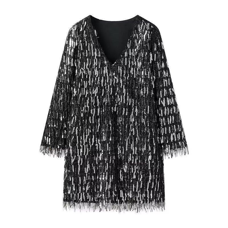 

European & American Winter V-Neck Tassel Sequin Dress: Women s Street Fashion S